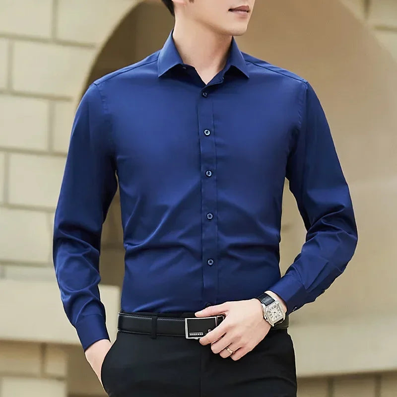 Men Solid Color Business Shirt Long Sleeve Shirt Fashion Classic Basic Casual Slim White Spring Autumn