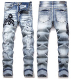 High Street Stretch Embroidery Men’s Jeans Ripped Streetwear Jeans Punk Style Pants for Man Slim Fashion Small Feet Men's Jeans