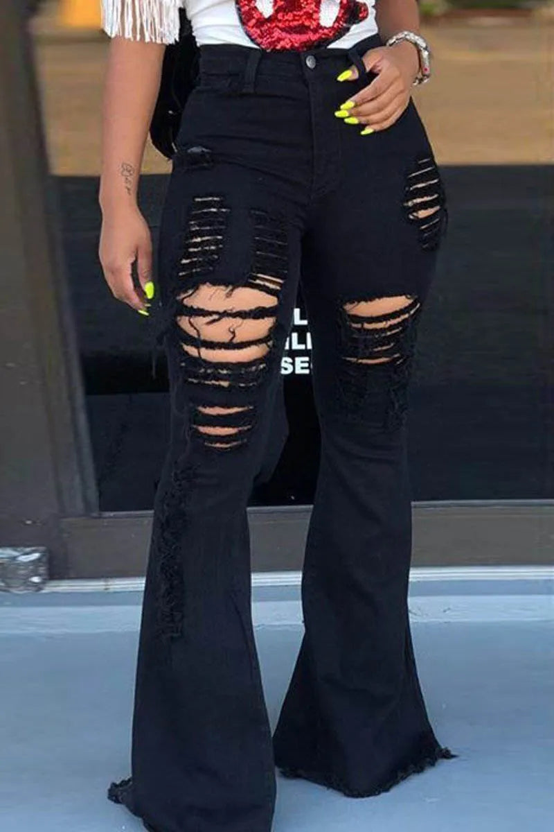 Streetwear Distressed Classic Full Length Long Trouser Women High Waist Black Flare Jeans Lady Bell Bottom Ripped Denim Pants