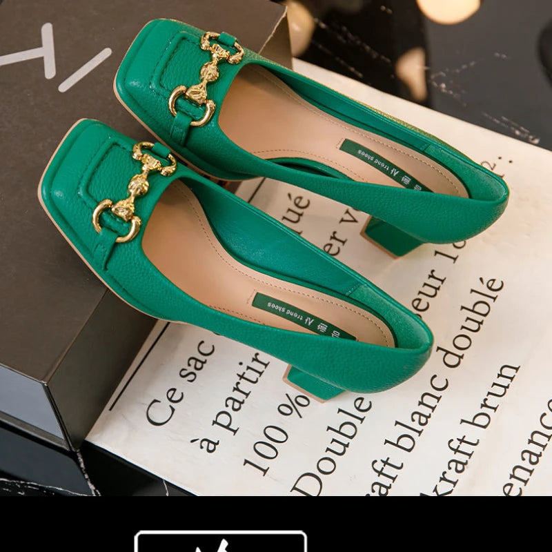 Women's Mid-heel 5.5CM Summer French Style Back Empty Female Thick Heel Square Toe Mary Jane Shoes Black Green Talon Femme