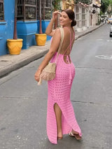 Sexy Knit Cut Out Tassel Spaghetti Strap Bodycon Beach Maxi Dress Summer Women's Holiday Club Party Outfit Swimsuit Cover Up K10