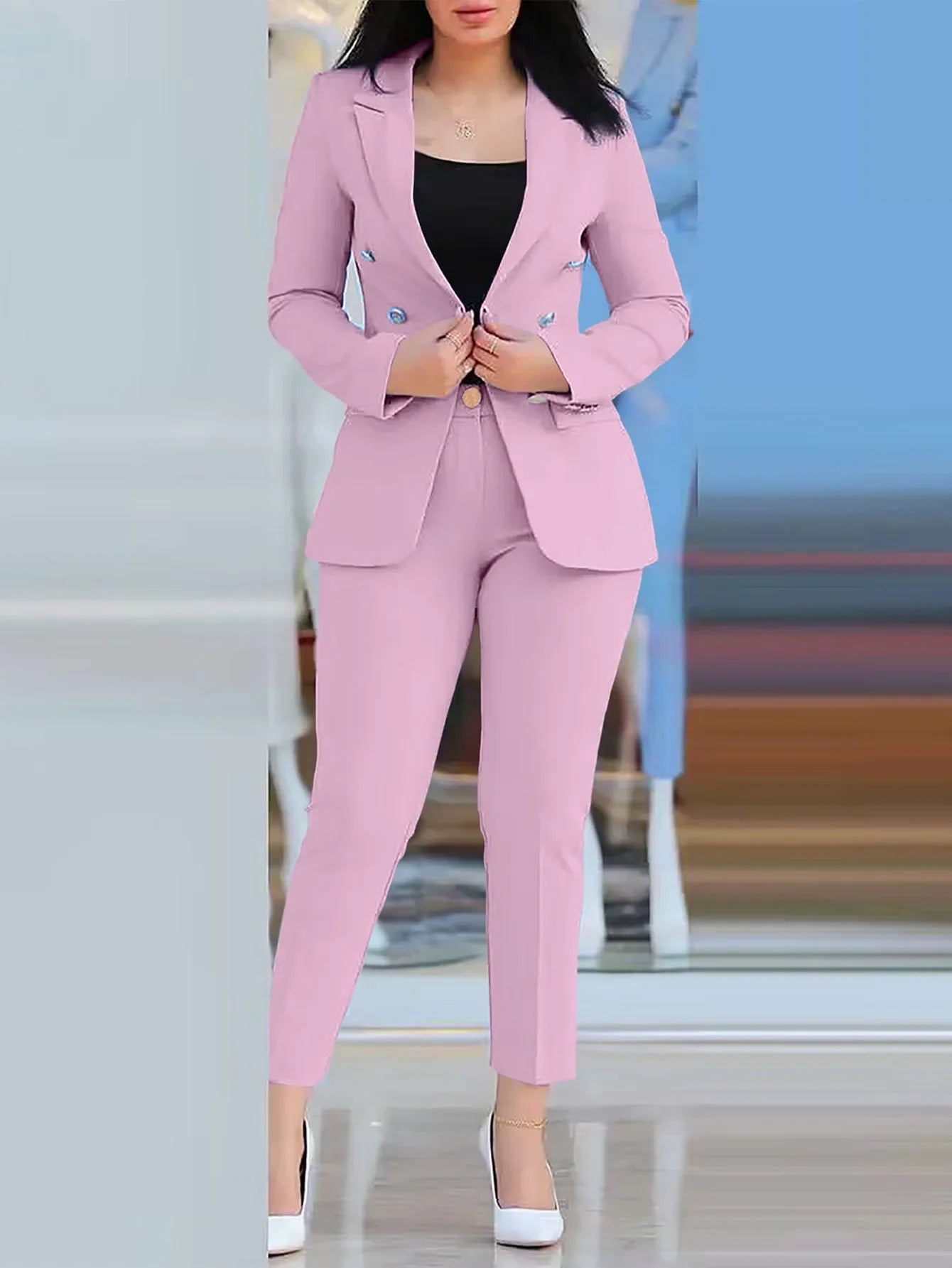 2pcs Women Office Clothing Set Long Sleeve Blazer Jacket & High Waist Pencil Pants Solid Color