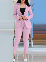 2pcs Women Office Clothing Set Long Sleeve Blazer Jacket & High Waist Pencil Pants Solid Color