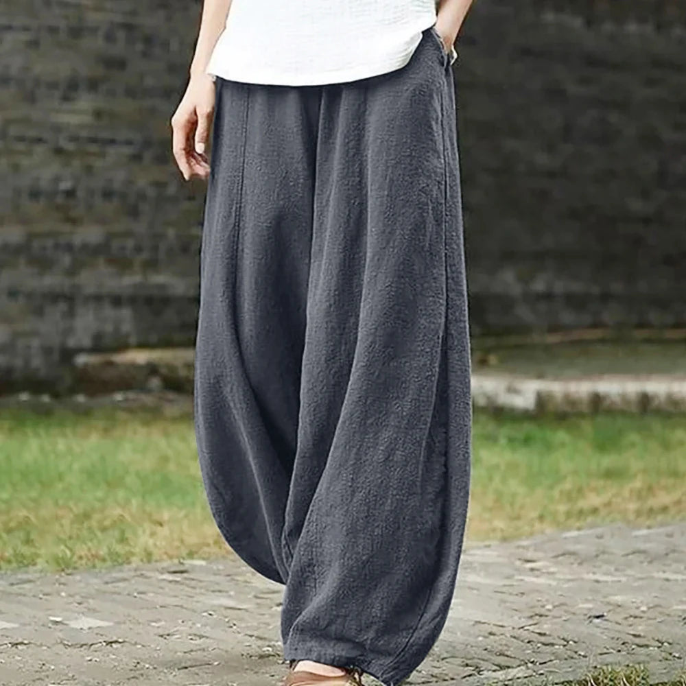 Spring Summer Cotton Linen Style Bloomers Wide Leg Pants Women Vintage Full Length Elegant Pants Solid Elastic Waist S-5XL