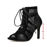 Sexy High Heels Hollow Mesh Sandals Women Summer Cross-tied Peep Toe Heeled Sandals Ankle Strap Dance Shoes Black Net Sandals
