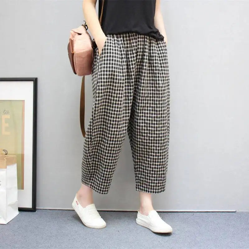 Summer Plaid Fashion Haren Pants Women High Street Casual Loose Pockets High Waist Pure Cotton All-match Comfortable Trousers