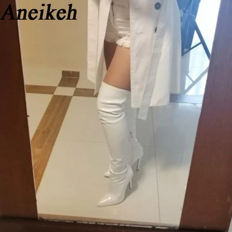 Aneikeh White Sexy Over-the-Knee Side Zipper Slip-On Pointed Toe Shoes NEW Fashion Striped Thin Heels Ladies Boots 2025 Spring