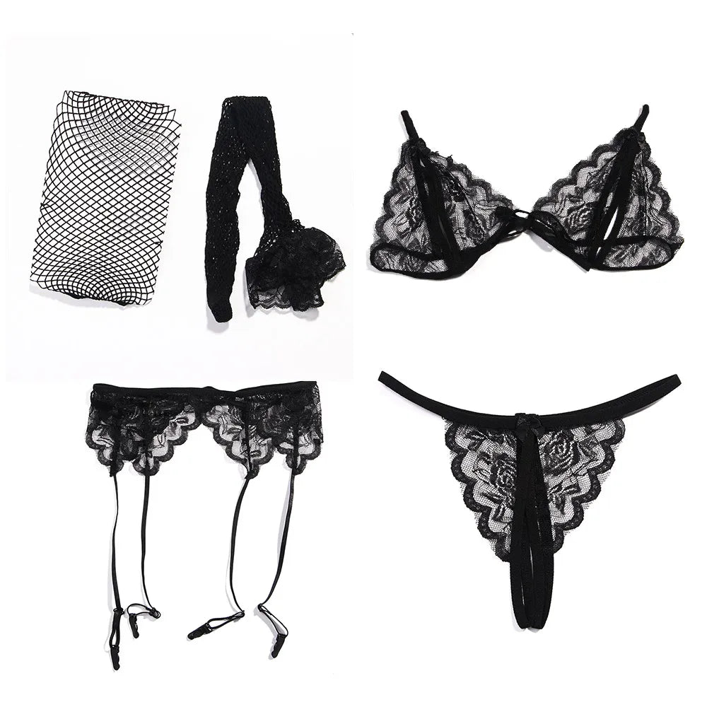 4pcs Sexy Erotic Lingerie Women Bra And Panty Garters See Through Lingerie Sets Sexy Women's Underwear Set Female Sexy Costumes