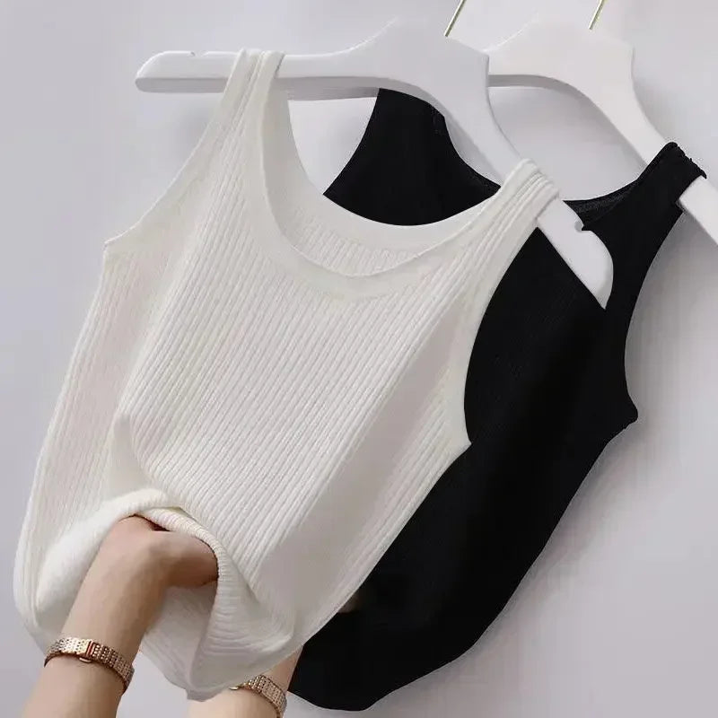 Summer Knit Vest Top sexy Sleeveless O Neck Women Camisole Pure Color Black White t-shirt Solid Color Plus Size  Slim Tank Top