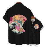 Fashion Men's Clothing Cool Samurai Cat Tops Summer New Men's Clothing Casual Short-Sleeved Anime Loose Blouse Hawaiian Shirts