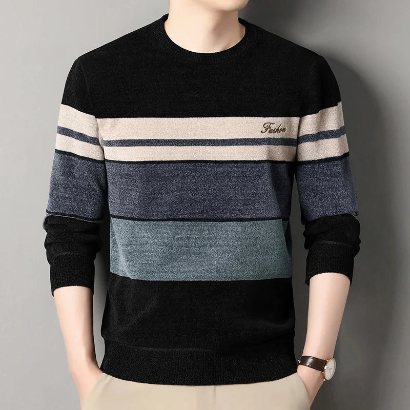 Mens Chenille Sweaters Fashion Knitting Pullover Striped Men's Autumn Winter Top Clothes Round Neck Knitted Sweaters