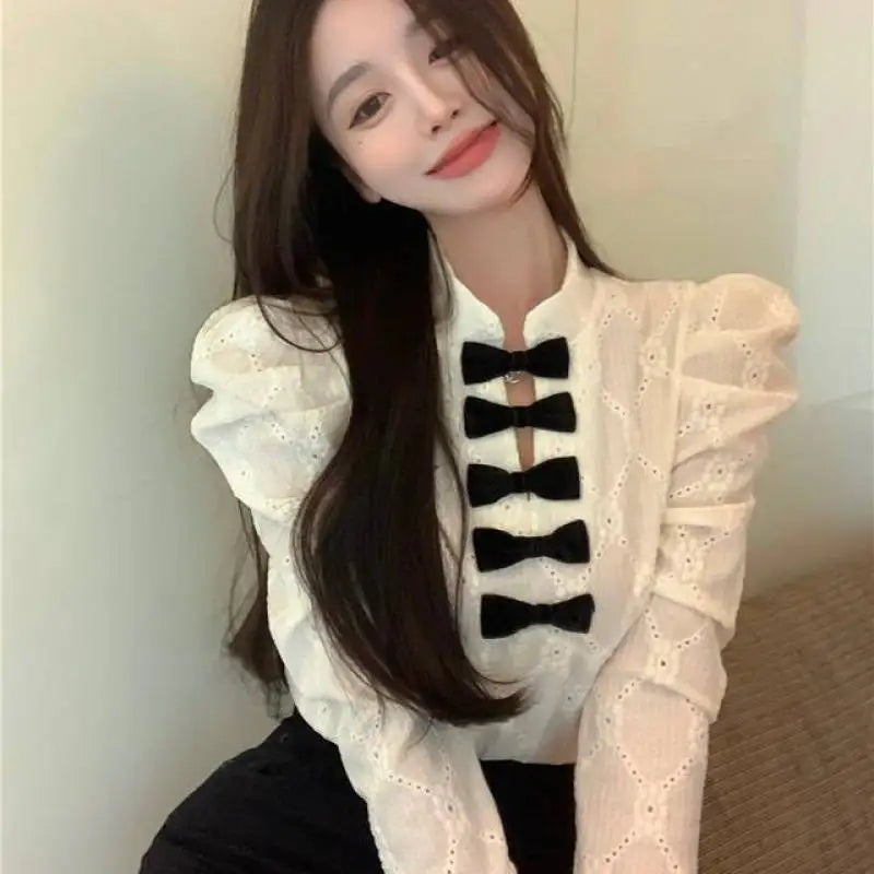 Women's shirt French bow design sense small long sleeve shirt spring and autumn new slim lace top