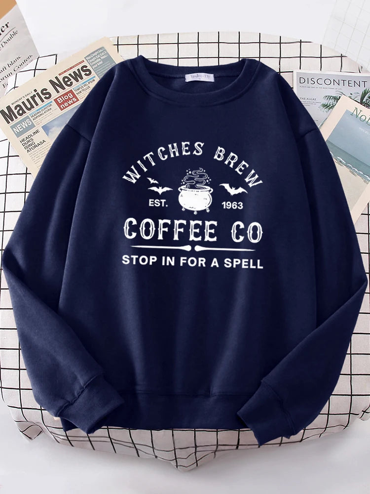 Witches Brew Coffee Letter Printing Simple Solid Color Letter Printing Womens Sweatshirts Long Sleeves Warm Pullover Clothes