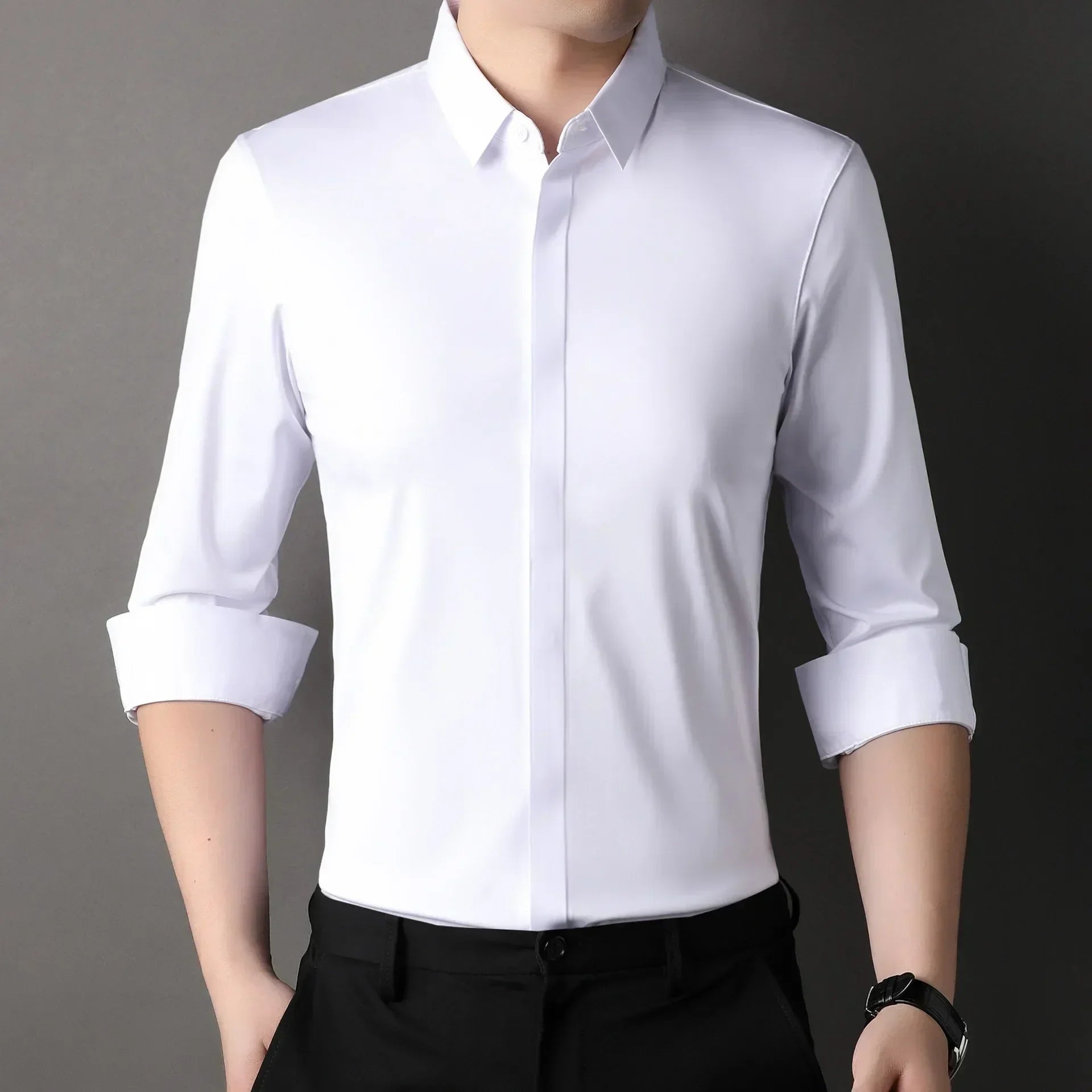 High end Mulberry Silk Dress Shirts Business Men Wrinkle Resistant Button Invisible Elastic Tops Luxurious Male Quality Clothing