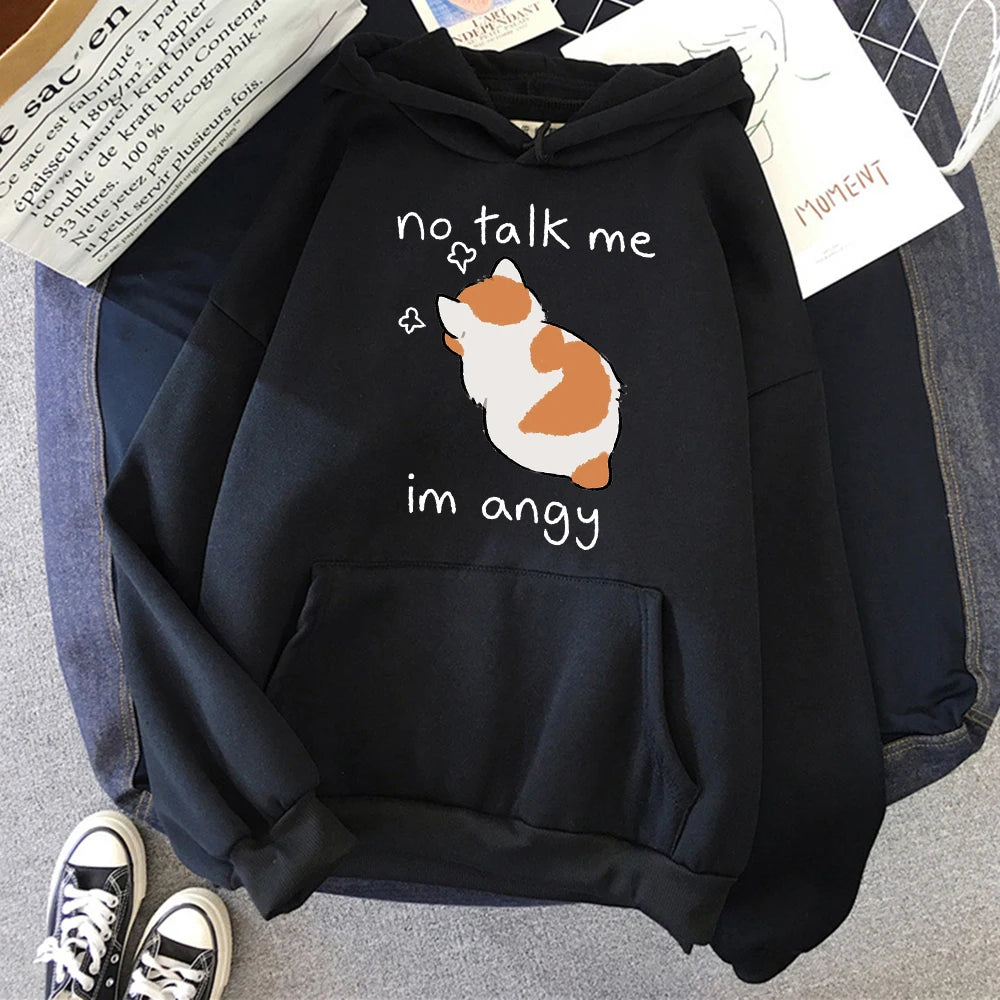 No Talk Me Cute Angry Cat Print Women Hoody Hip Hop Soft Sweatshirt Casual Fleece Sweatshirt Oversize Fleece Women Streetwear