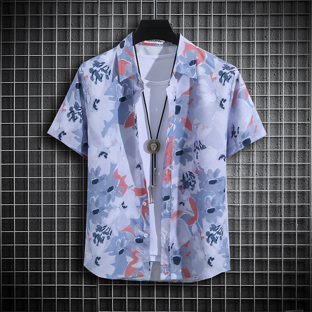 Stripe Men's Shirt Flower 3d Print Shirt Casual Short-sleeved Tops Beach Party Shirts Man Hawaiian Shirt Male Clothes Loose