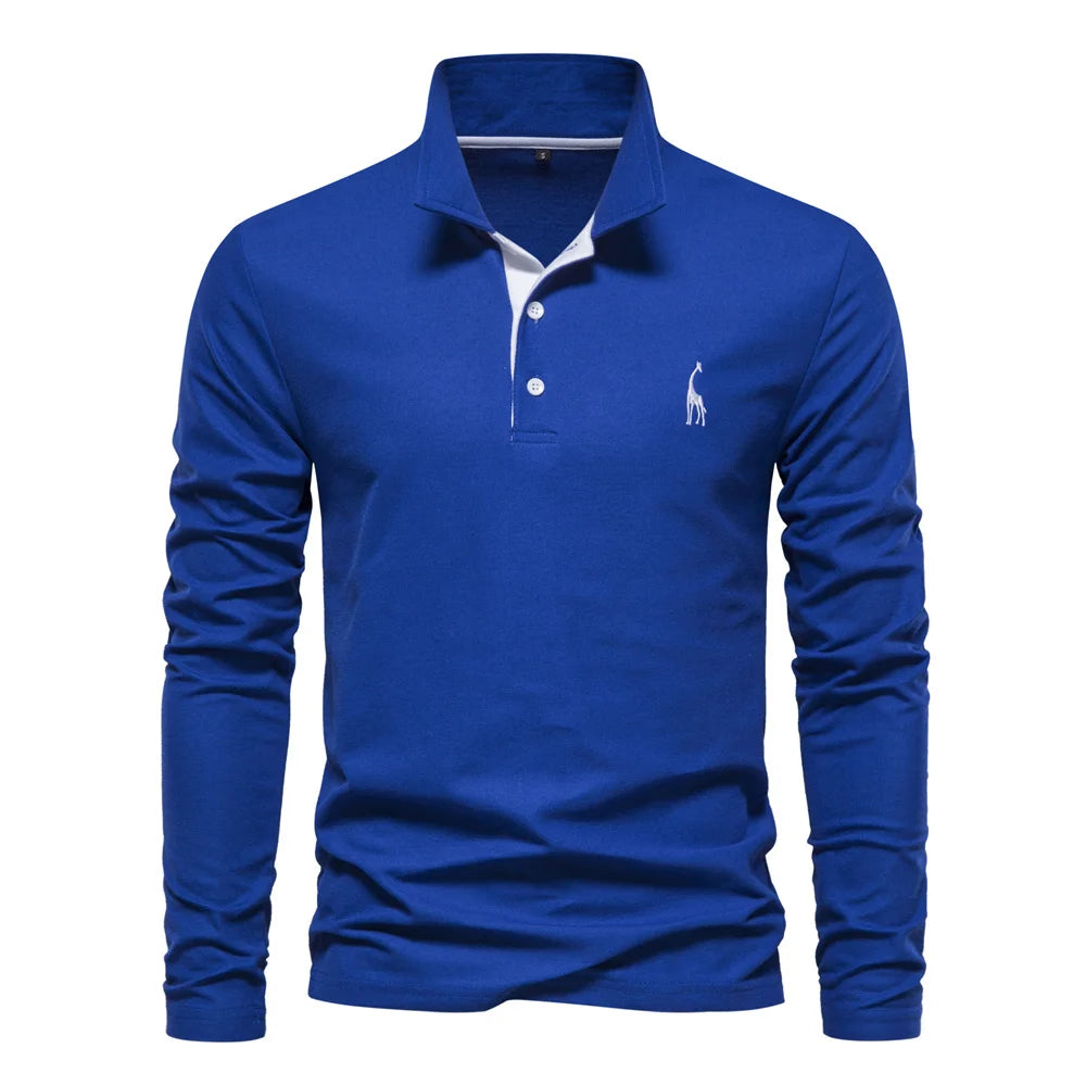 AIOPESON Deer Embroidery Men's Polo Shirts Solid Color Long Sleeve Polo Shirts for Men New Spring Social Business Polos Male