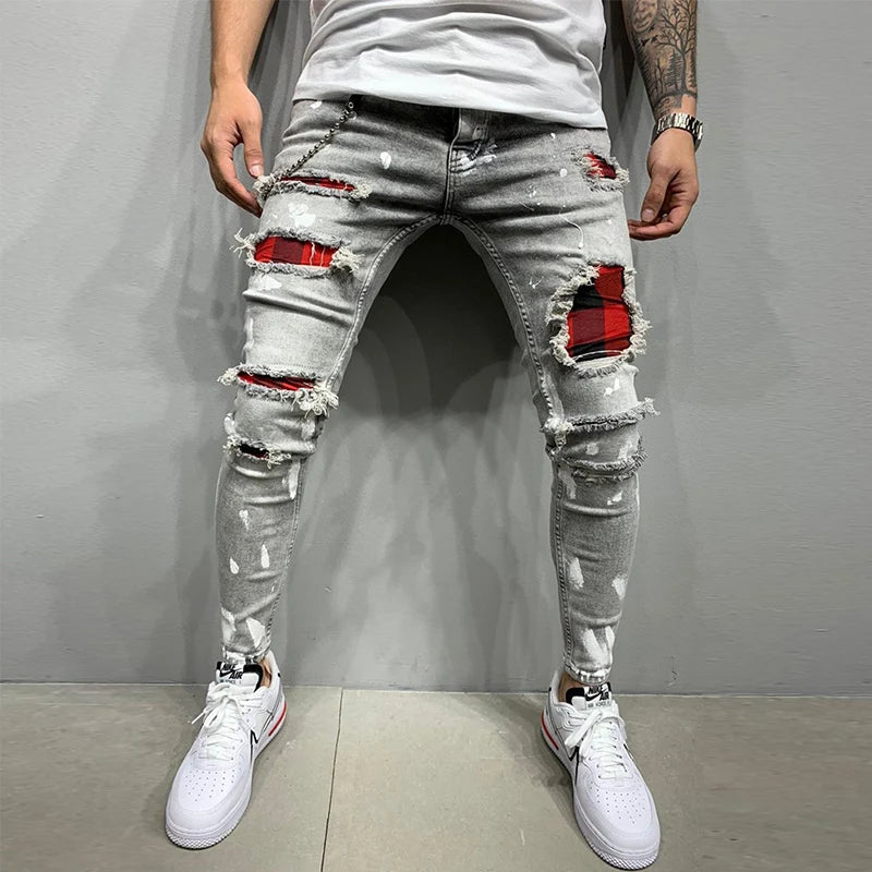 New Men's Skinny Ripped Jeans Fashion Grid Hole Endothecium Patches Slim Fit Stretch Casual Denim Pencil Pants Jogging Trousers