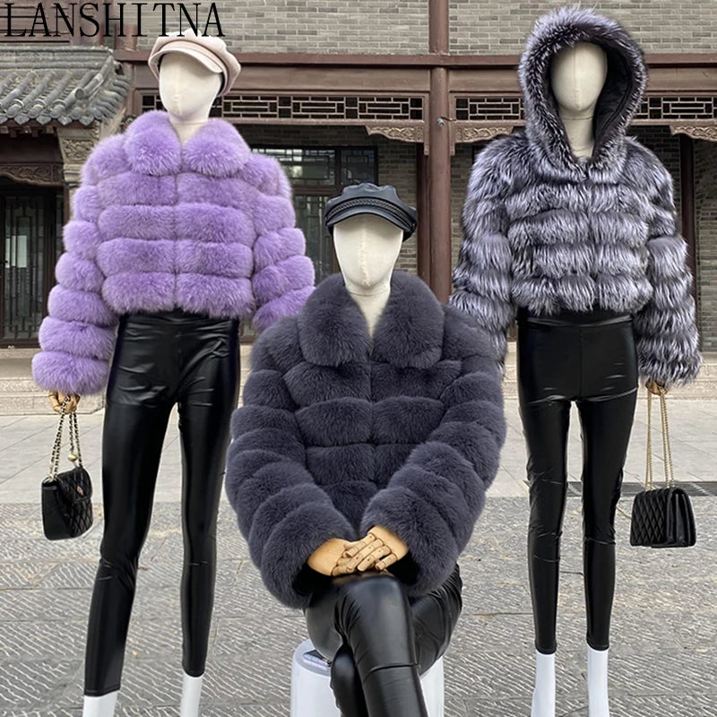 New Style Fur Coat Woman Real Fox Fur Coat Collar Hood Full Length Sleeves Natural Fur Jacket Autumn And Winter Clothing