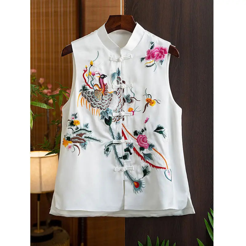 Chinese Style Top Women Tang Clothes Embroidery Phoenix Flower Qipao Lady Mandarin Collar Vest Vintage Clothing Casual Wear