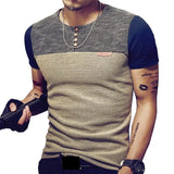 Men's Slim Fitted Casual Short Sleeve Button T-Shirts Contrast Color Stitching Top Tees