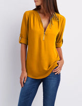 Hot Sale Women Cool Loose Shirt Deep V Neck Chiffon Fashion Blouse Casual Ladies Tops Sexy Zipper Pullover Plus Size