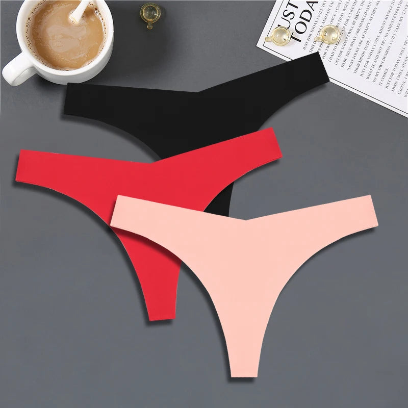 FINETOO 3PCS Women Ice Silk Seamless Underpants Panties Sexy V-Waist Sport Thongs Low Rise 10 Soild Colours Breathable G-string