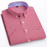 100% Cotton Men Oxford Shirt Short Sleeve Summer Plaid Striped Male Clothes Business Regular Fit Dress Shirt Oversized