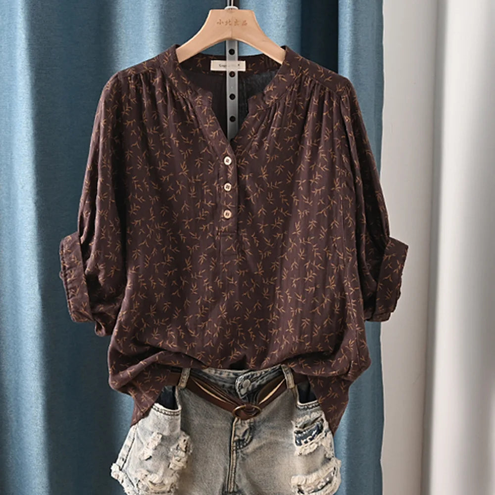 New Spring 100% Cotton Casual Shirt Women Batwing Sleeve Stand Collar Printed Top Girl OL Loose Blouses