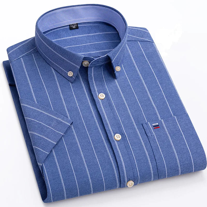 100% Cotton Men Oxford Shirt Short Sleeve Summer Plaid Striped Male Clothes Business Regular Fit Dress Shirt Oversized