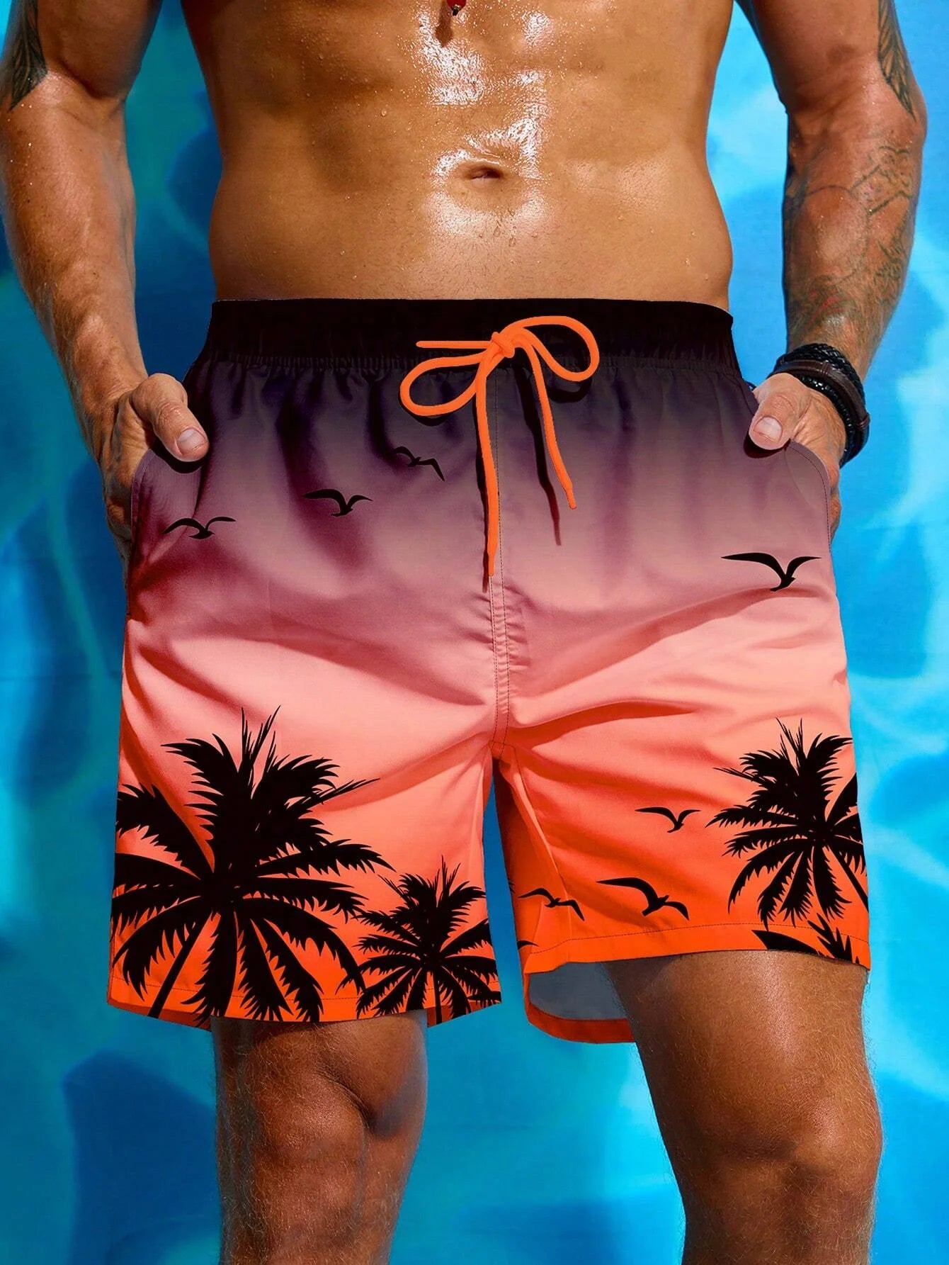 Summer Vacation Men's Palm Tree Print Drawstring Waist Board Shorts Fashion Swim Trunks 3D Print Breathable Short Streetwear