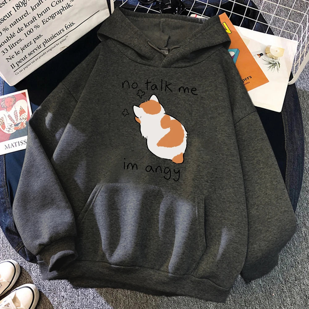 No Talk Me Cute Angry Cat Print Women Hoody Hip Hop Soft Sweatshirt Casual Fleece Sweatshirt Oversize Fleece Women Streetwear