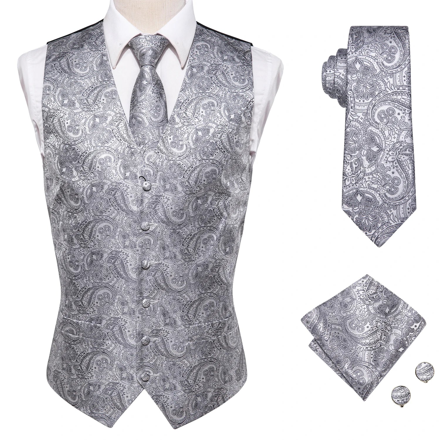 Wedding Purple Silk Men Vest Paisley Slim Fit Necktie Hankerchief Cufflinks Sets Male Sleeveless V-Neck Waistcoat Party Hi-Tie