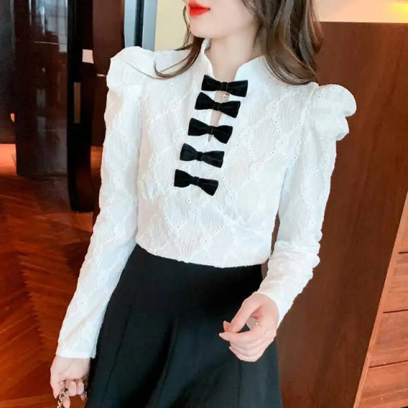 Women's shirt French bow design sense small long sleeve shirt spring and autumn new slim lace top