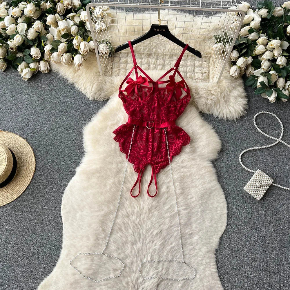 New In Women's Secret Clothes Christmas Red Top Sexy Patchwork Bodysuit Cosplay Erotic Lingerie Winter Strap Pajamas Nightwear