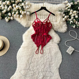 New In Women's Secret Clothes Christmas Red Top Sexy Patchwork Bodysuit Cosplay Erotic Lingerie Winter Strap Pajamas Nightwear