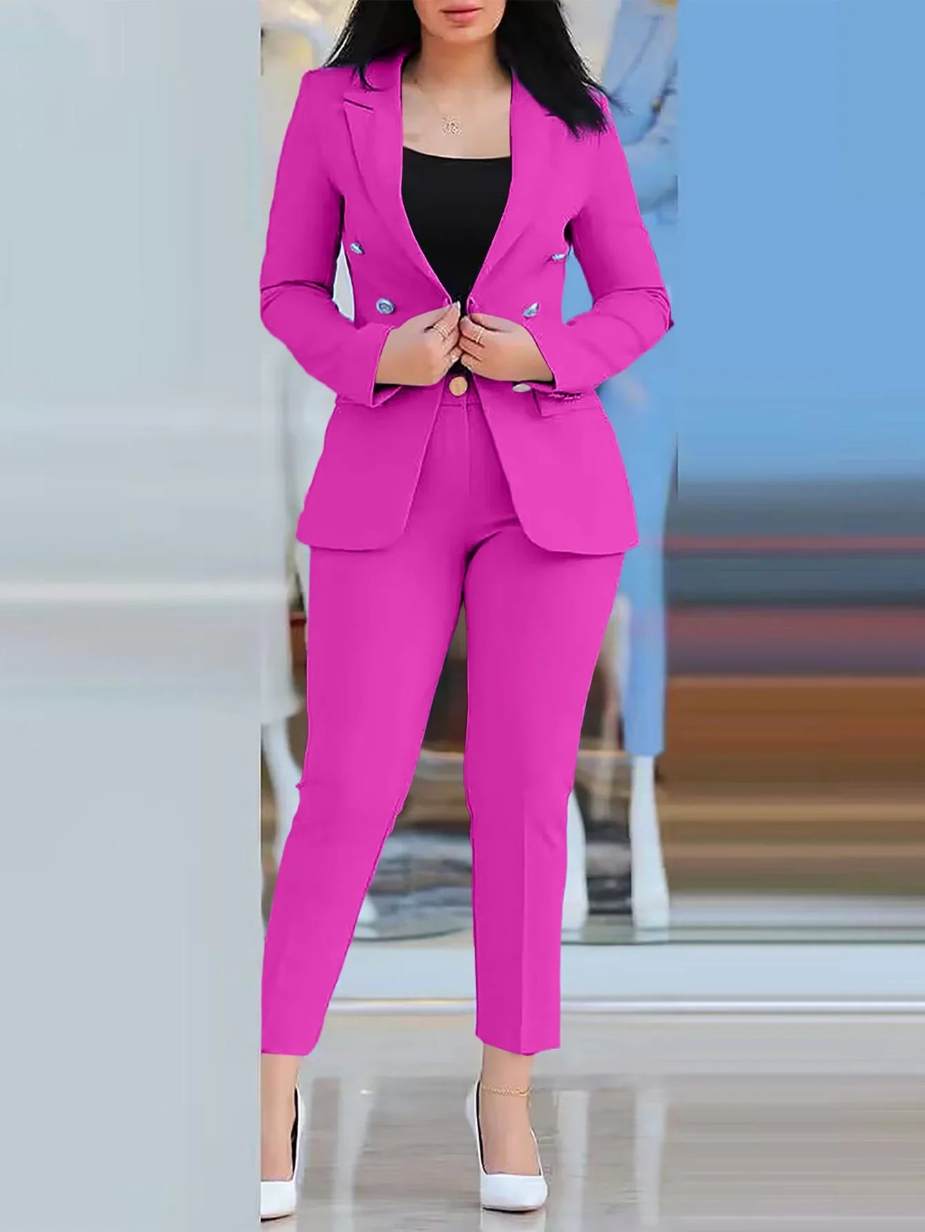 2pcs Women Office Clothing Set Long Sleeve Blazer Jacket & High Waist Pencil Pants Solid Color