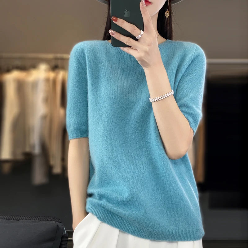 Fashion short half sleeve cashmere women's sweater 100% pure merino wool round neck pullover T-shirt