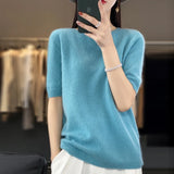 Fashion short half sleeve cashmere women's sweater 100% pure merino wool round neck pullover T-shirt