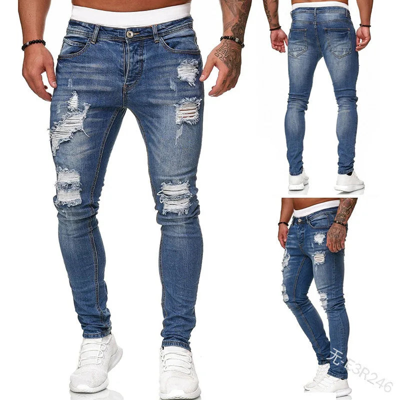 Ripped Mid Waist Slim Fit Men Jeans Vintage Denim Wash Solid Punk Style Skinny Pencil Pants Distressed Holes Ankle Length