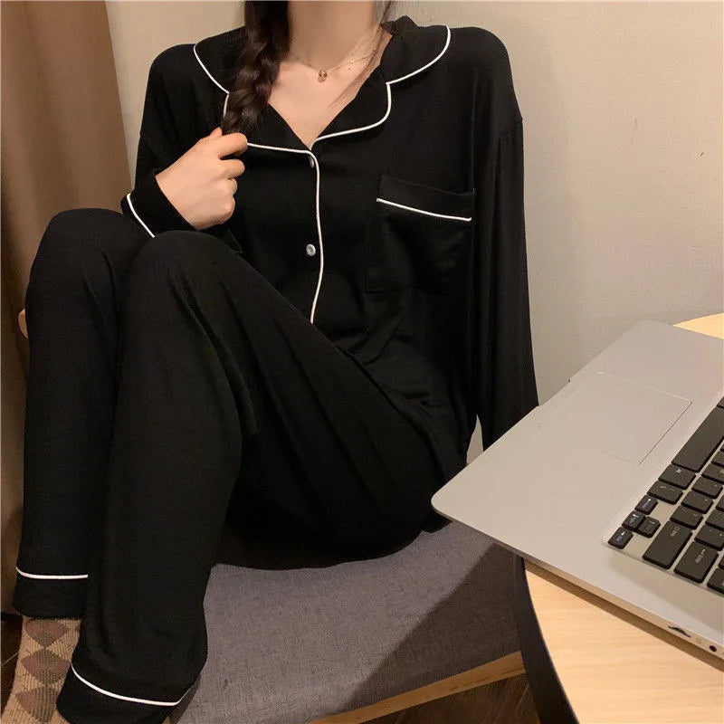 Korean Style Cute Pajama Woman Winter Autumn Sleepwear Lady Long Sleeve Tops Pants 2Piece Pyjamas Solid Lingeries Sets Nightwear