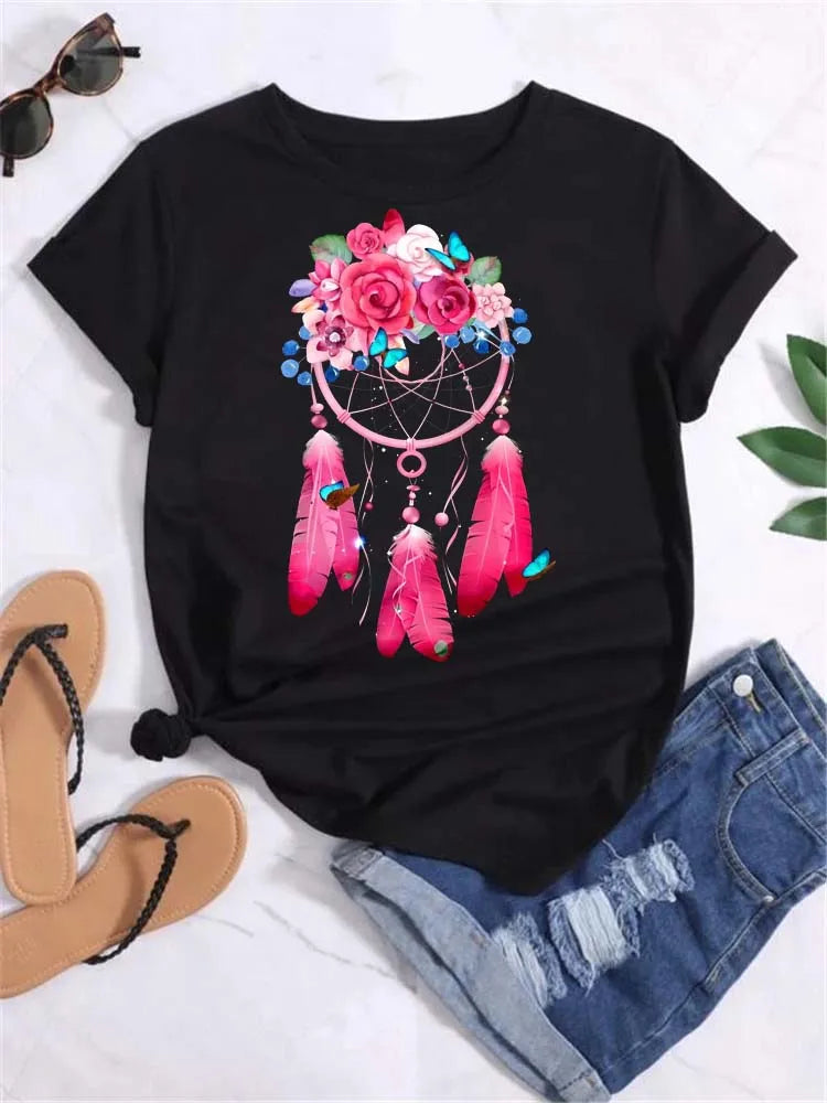 Maycaur Harajuku Women T Shirt Beautiful Dreamcatcher Print Tops Tee Female T-shirt 90s Girls Cute Graphic Women Tee Shirts