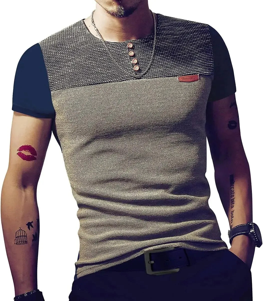 Men's Slim Fitted Casual Short Sleeve Button T-Shirts Contrast Color Stitching Top Tees