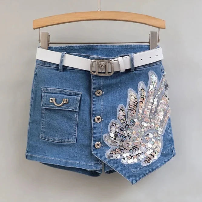 Fashion Sequin Denim Short Skirt Women Spring/Summer New Korean High Waist Slim Irregular Sexy Hot Pants White Black Casual