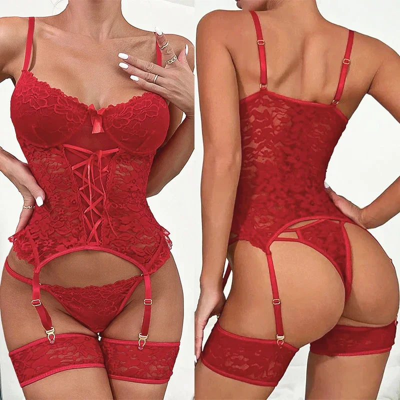 Lace Bra Deep V Strappy Bralette Intimates Lenceria Mujer Erotic Bra Thongs Garters Set Sexy Bandage Brassiere Lingerie