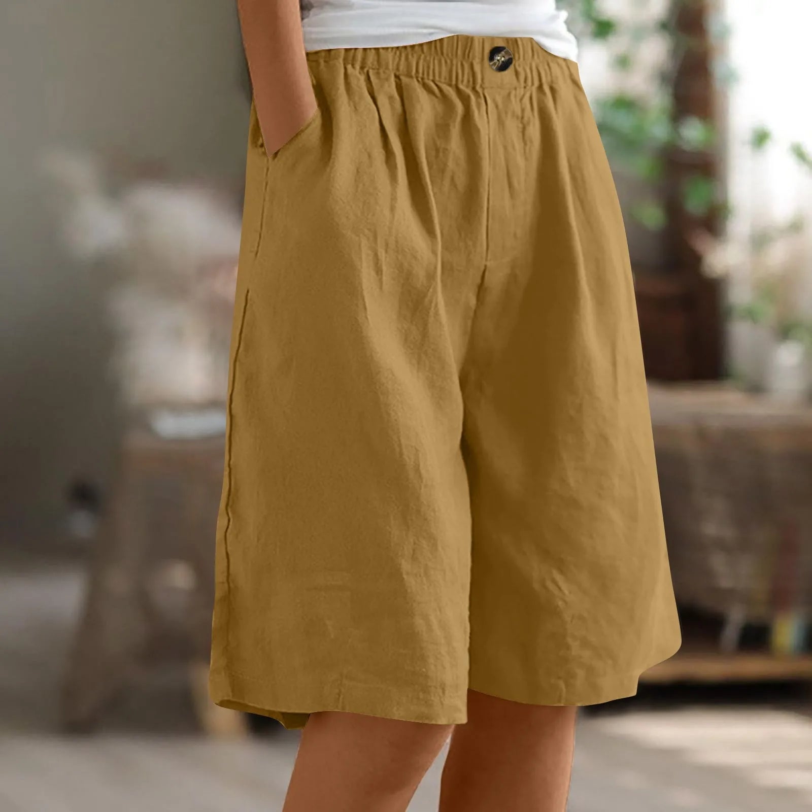 Cotton Linen Shorts Women Summer New Solid Vintage Elastic Waist Wide Leg Pants Casual Loose Five Point Shorts Women Clothing