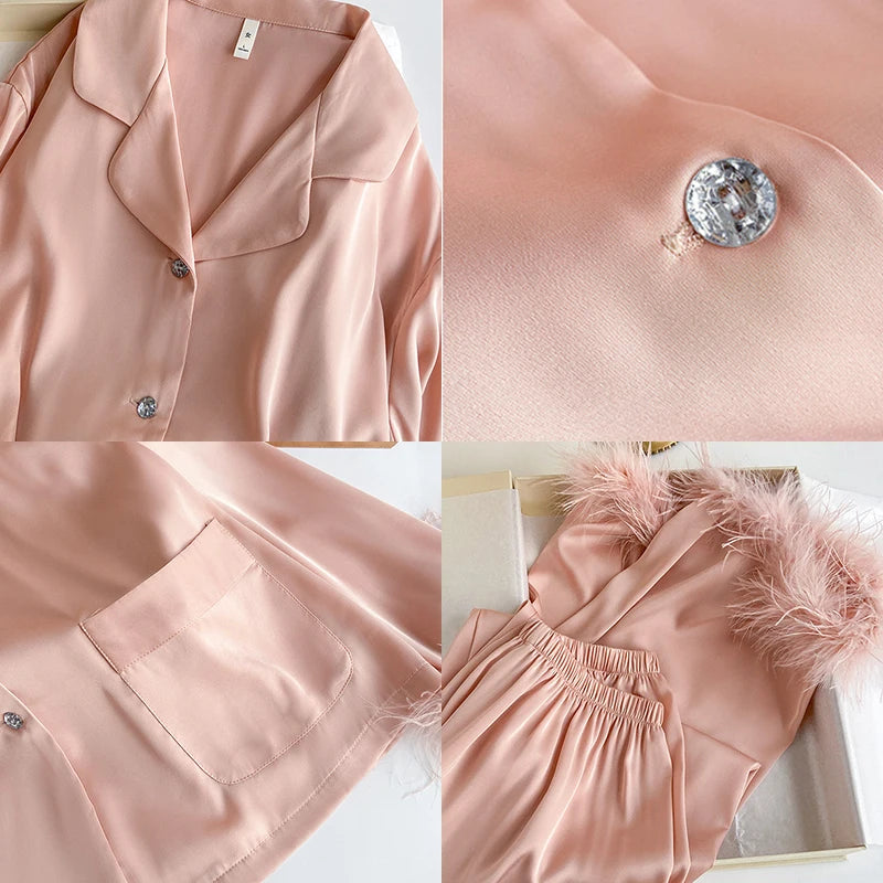 Spring Autumn Female Pajamas Trouser Set Luxury Feather Pink Bride Wedding Sleepwear Gift Sexy Loose Satin Home Wear Loungewear