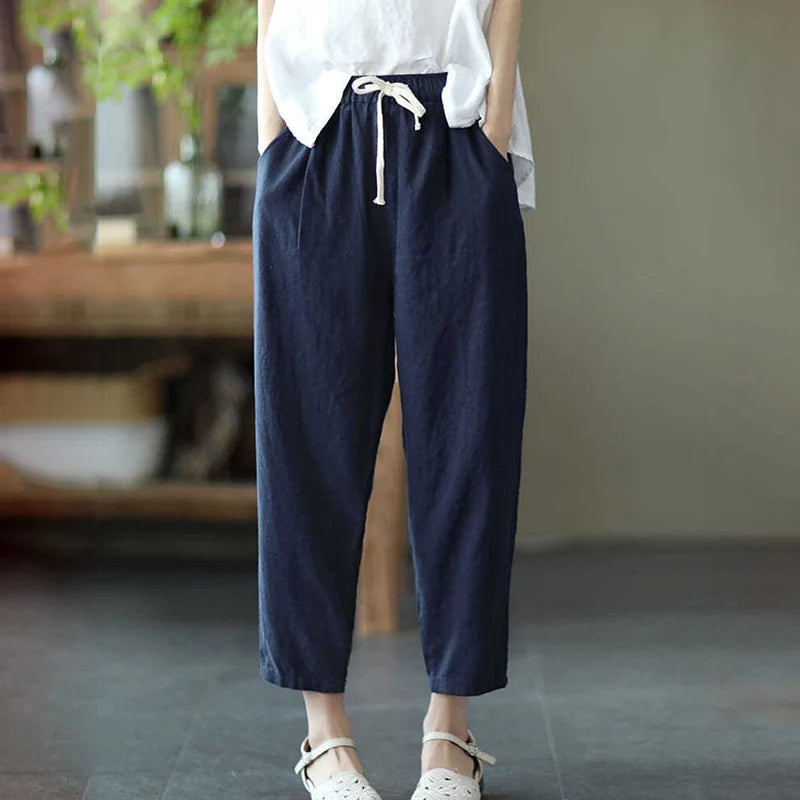 Rimocy Summer Casual Cotton Linen Pants Women Retro Pockets Loose Harem Pants Woman Solid Elastic Waist Trousers Female