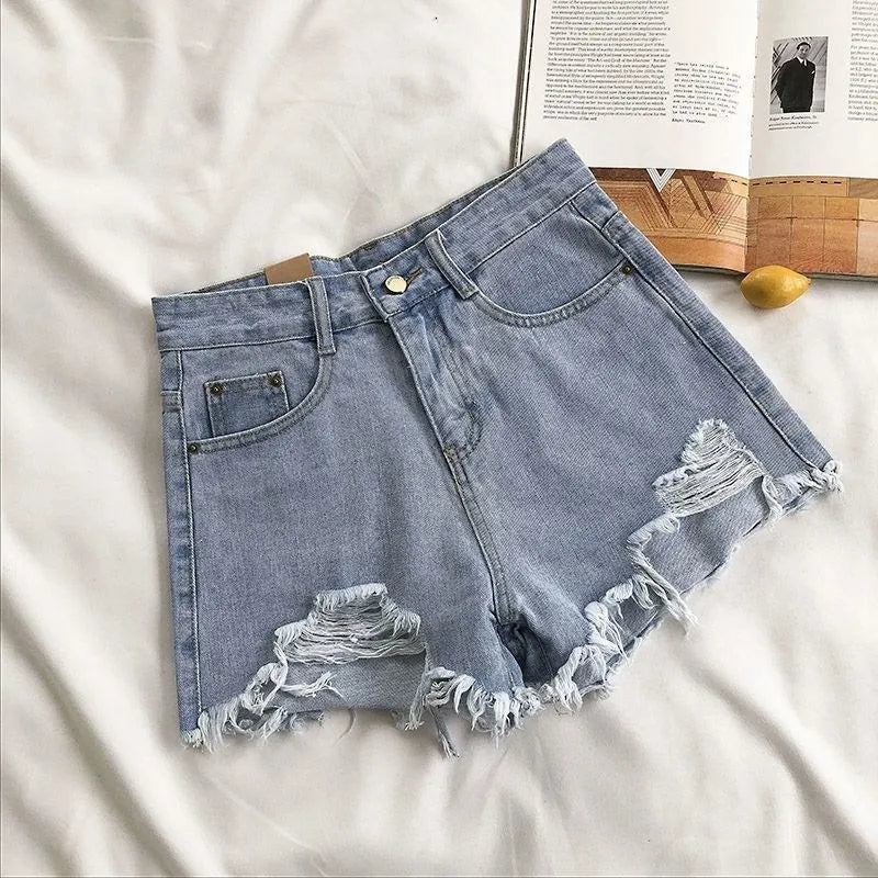 Korean Denim Shorts Women Summer Fashion Casual High Waist Ripped Jeans Pocket Tassel Y2K Hot Pants Streetwear Blue Trousers