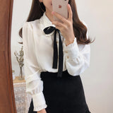 Hot Sales Women's Cute Sweet Girls Vintage Black White Lace-Up Ruffled Ribbon Tops Button Elegant Formal Shirts Blouses